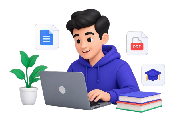 Student studying with laptop and notes